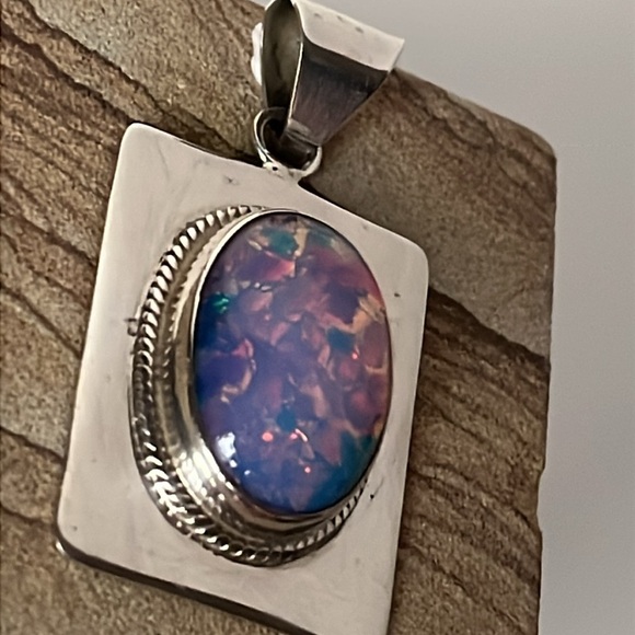 Vintage Mexico Sterling Silver Faux Opal Stone Cabachon Pendant - Picture 2 of 10